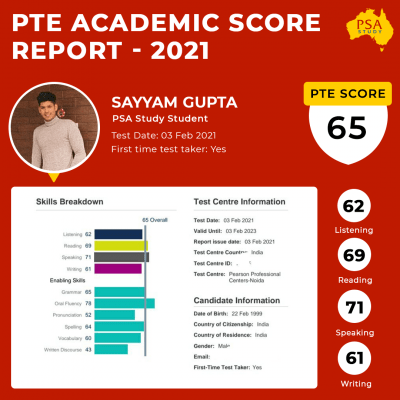 PSA Study PTE Academic Score Report