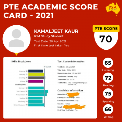 PSA Study PTE Academic Score Report