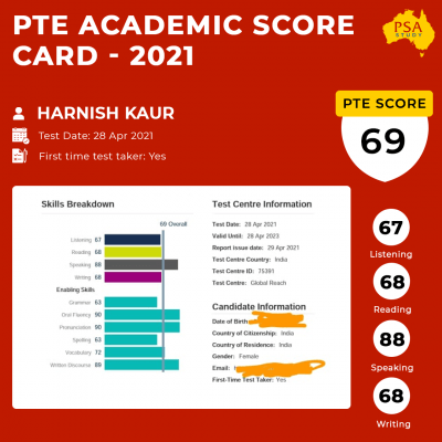 PSA Study PTE Academic Score Report