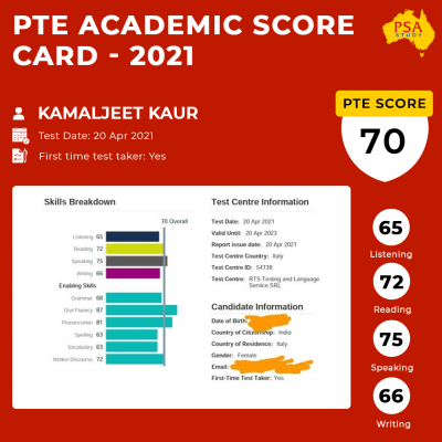 PSA Study PTE Academic Score Report