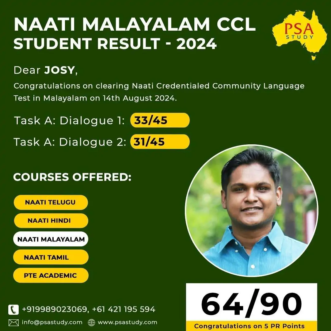 NAATI Malayalam CCL Student Result 2024 – PSA Study student Josy clears NAATI CCL Malayalam with 64/90, securing PR points for Australian migration.
