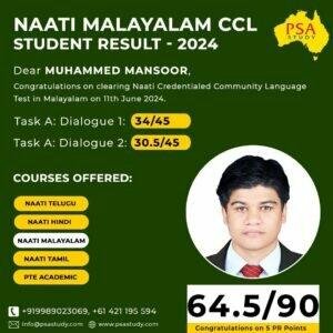 NAATI Malayalam CCL Student Result 2024 – PSA Study student Mansoor clears NAATI CCL Malayalam with 64.5/90, securing PR points for Australian migration.