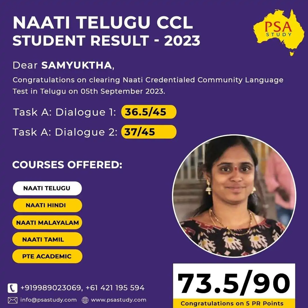 NAATI CCL Telugu Result 2024 – PSA Study Student Samyuktha Scores 73.5/90