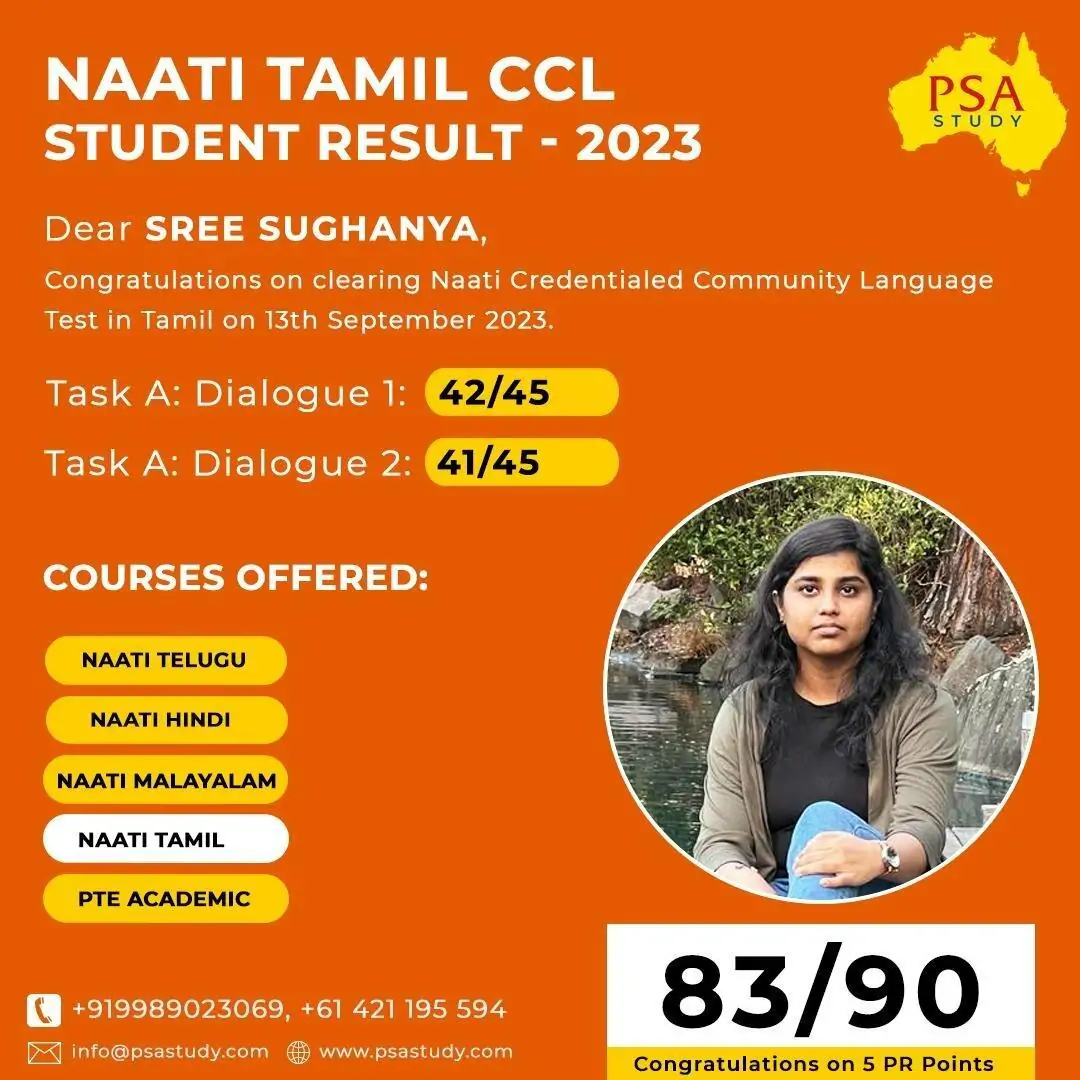 NAATI Tamil CCL Student Result 2023 – PSA Study student Sree Sughanya clears NAATI CCL Tamil with 83/90, securing PR points for Australian migration.