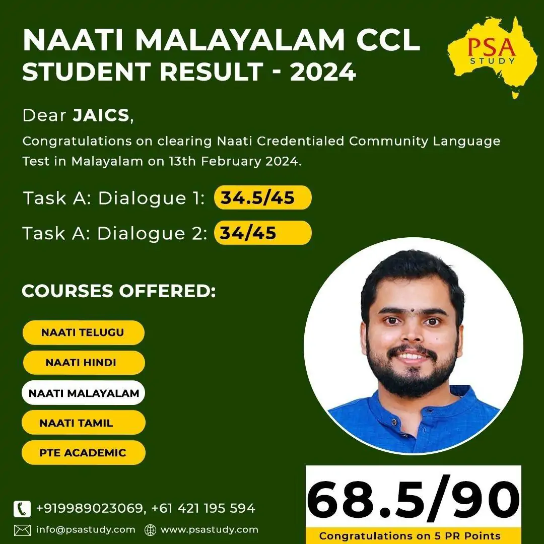 NAATI Malayalam CCL Result 2024 – PSA Study student Jaics passes with 68.5/90, securing 5 PR points for Australian permanent residency.