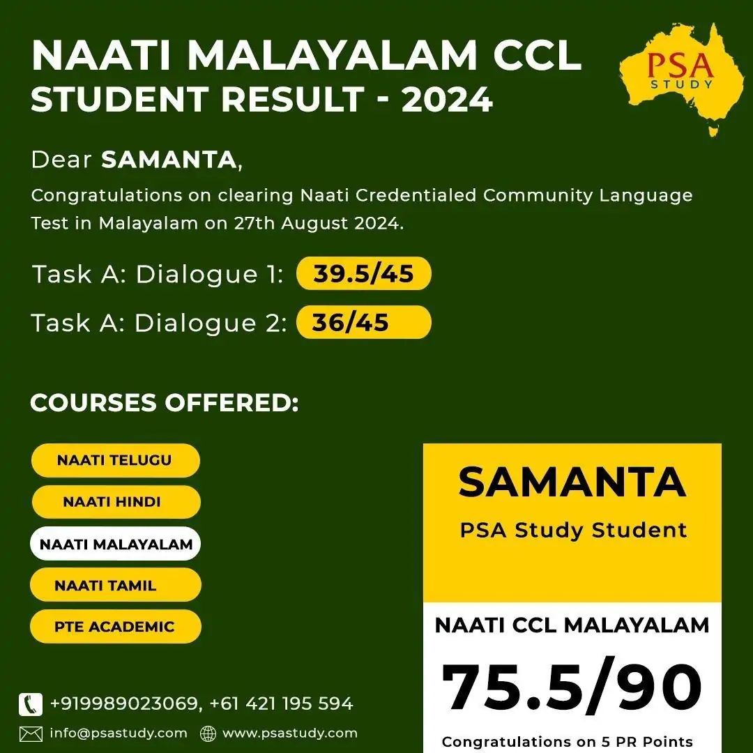 NAATI Malayalam CCL Student Result 2024 – PSA Study student Samanta clears NAATI CCL Malayalam with 75.5/90, achieving PR points for Australian immigration.