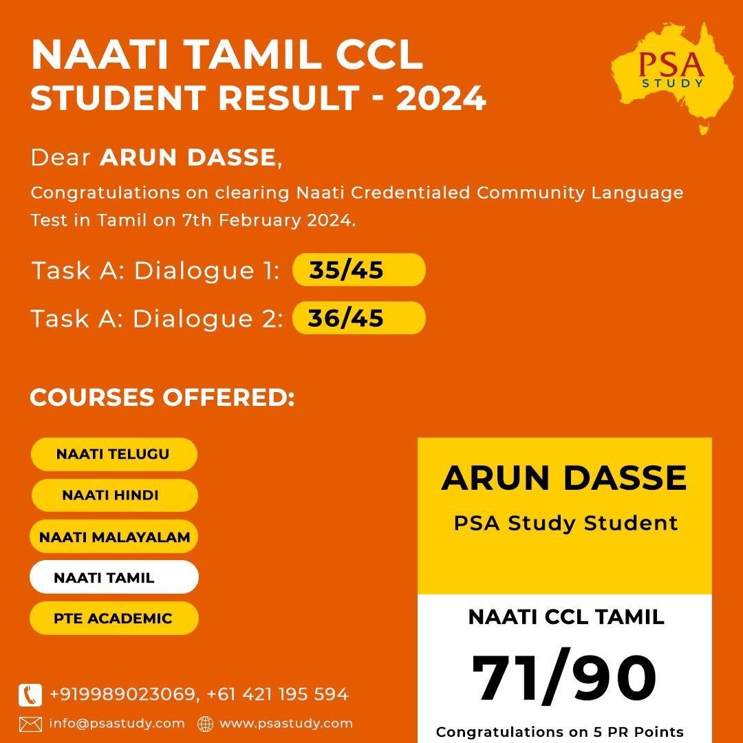 Best NAATI CCL Tamil Coaching- PSA Study student Arun Dasse clears NAATI CCL Tamil exam with 71/90, earning PR points for Australian migration.