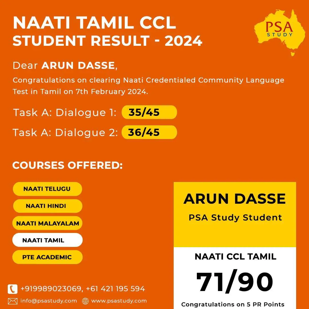 Best NAATI CCL Tamil Coaching- PSA Study student Arun Dasse clears NAATI CCL Tamil exam with 71/90, earning PR points for Australian migration.