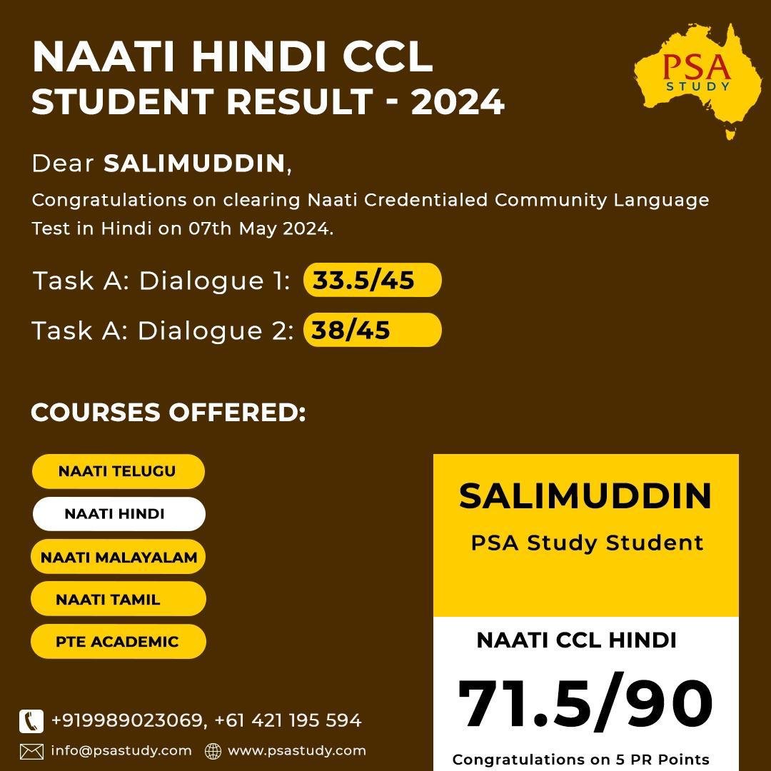 NAATI Hindi CCL Student Result - PSA Study student Salimuddin scores 71.5/90, successfully clearing the NAATI Hindi test with PR points.