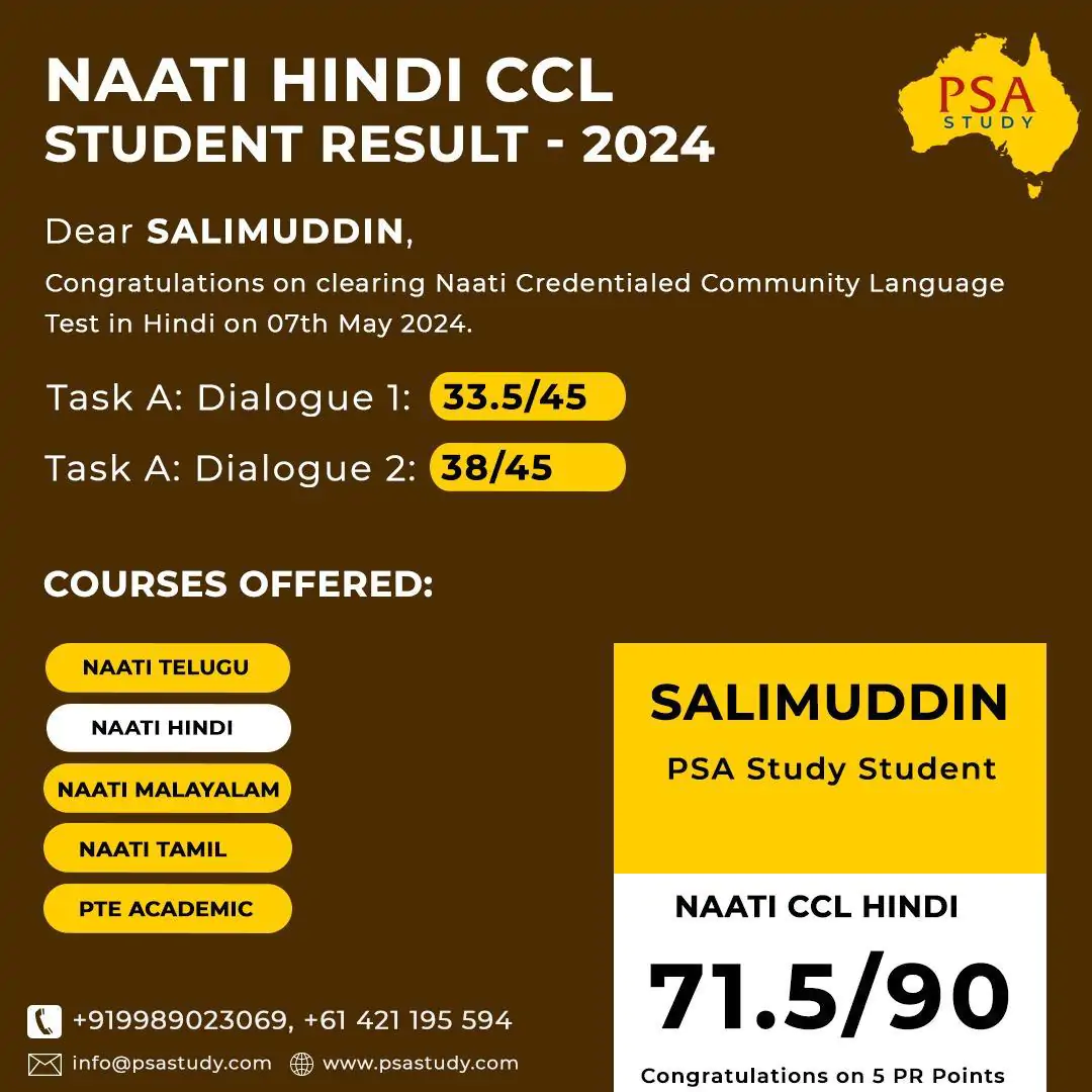 NAATI Hindi CCL Student Result - PSA Study student Salimuddin scores 71.5/90, successfully clearing the NAATI Hindi test with PR points.