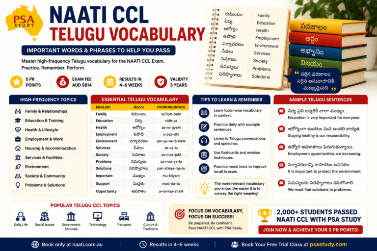 NAATI CCL Telugu Vocabulary infographic showing important Telugu words, phrases, exam topics, vocabulary categories, and preparation tips for NAATI CCL Telugu exam success.