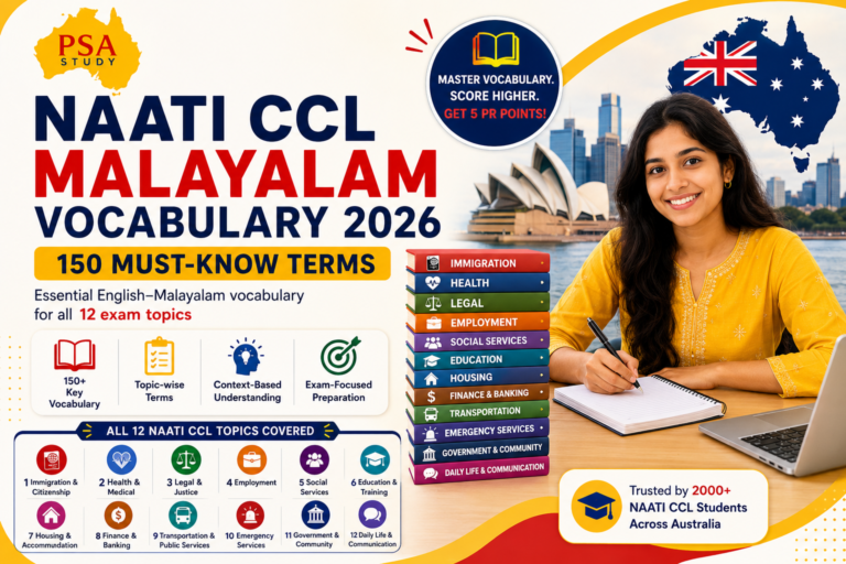 NAATI CCL Malayalam Vocabulary 2026 guide featuring 150 essential English-Malayalam terms covering all 12 exam topics for Australian NAATI CCL preparation.