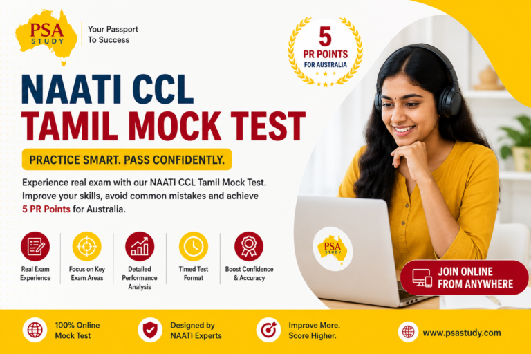 Student attending the NAATI CCL Tamil Mock Test online with PSA Study for Australia PR preparation and exam practice.