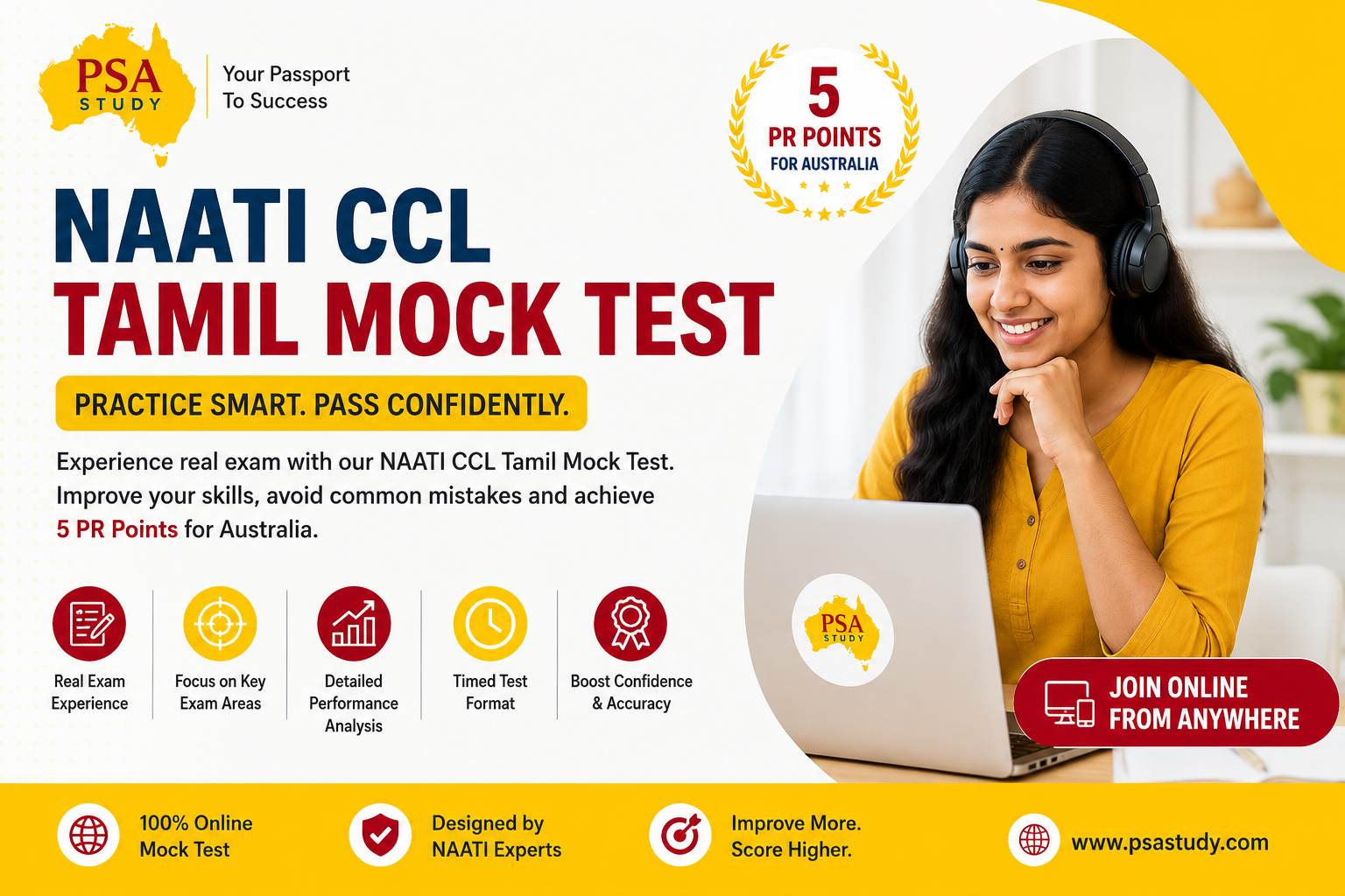 Student attending the NAATI CCL Tamil Mock Test online with PSA Study for Australia PR preparation and exam practice.
